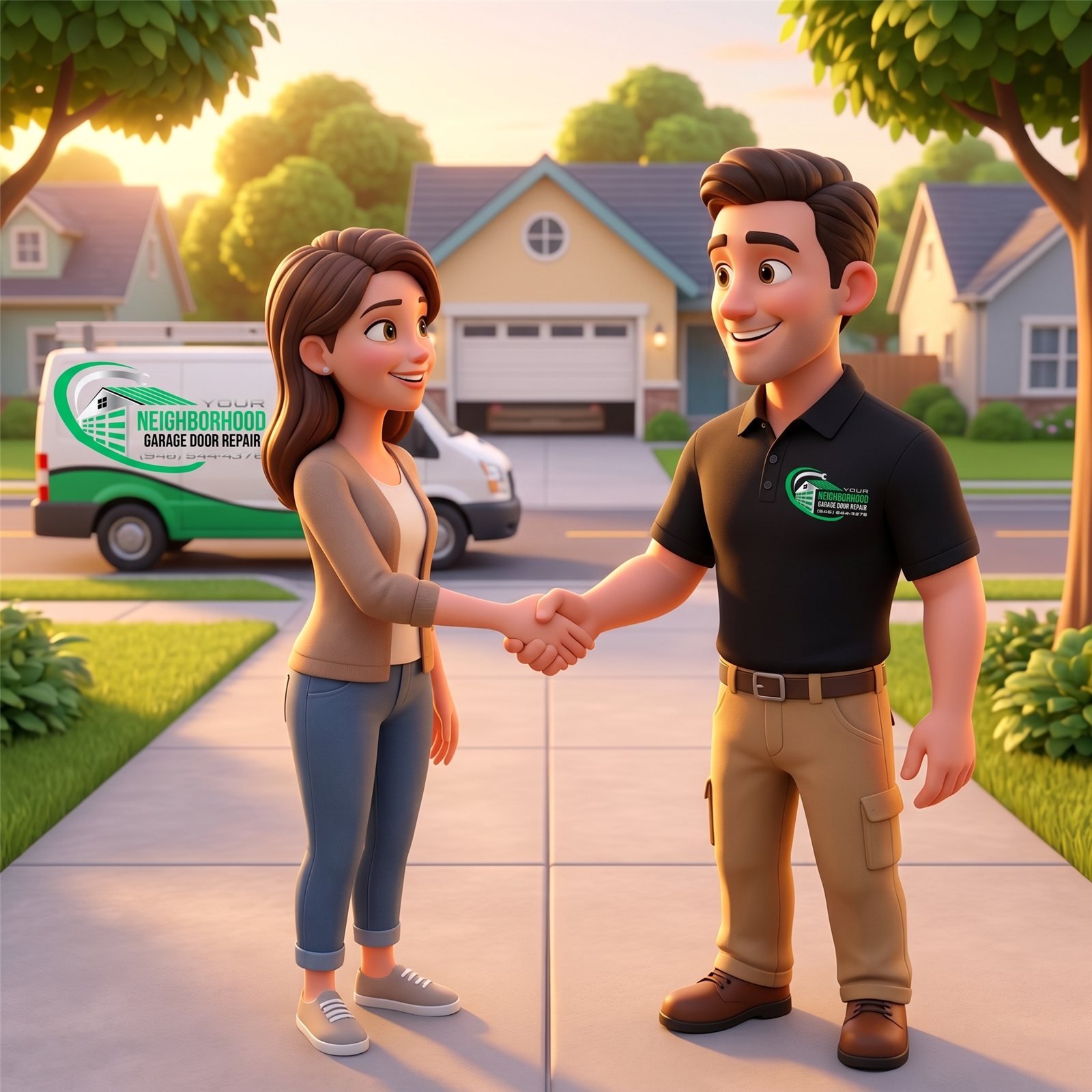 Your Neighborhood Garage Door Repair technician shaking hands with a happy DFW homeowner